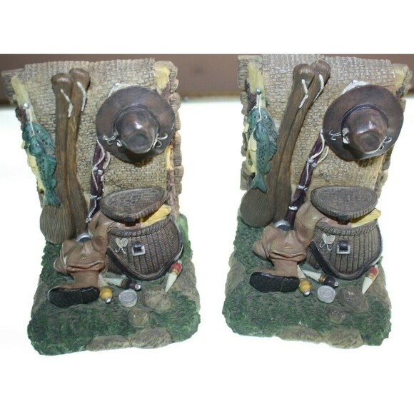 Fisherman Bookends Pair Fishing Gear Boots Hat Heavy Resin Material Home Decor - Picture 5 of 5
